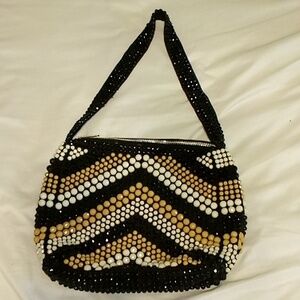 Black, Tan & White Vintage Bubble Beaded Women's Bag Hand Made In Hong Kong